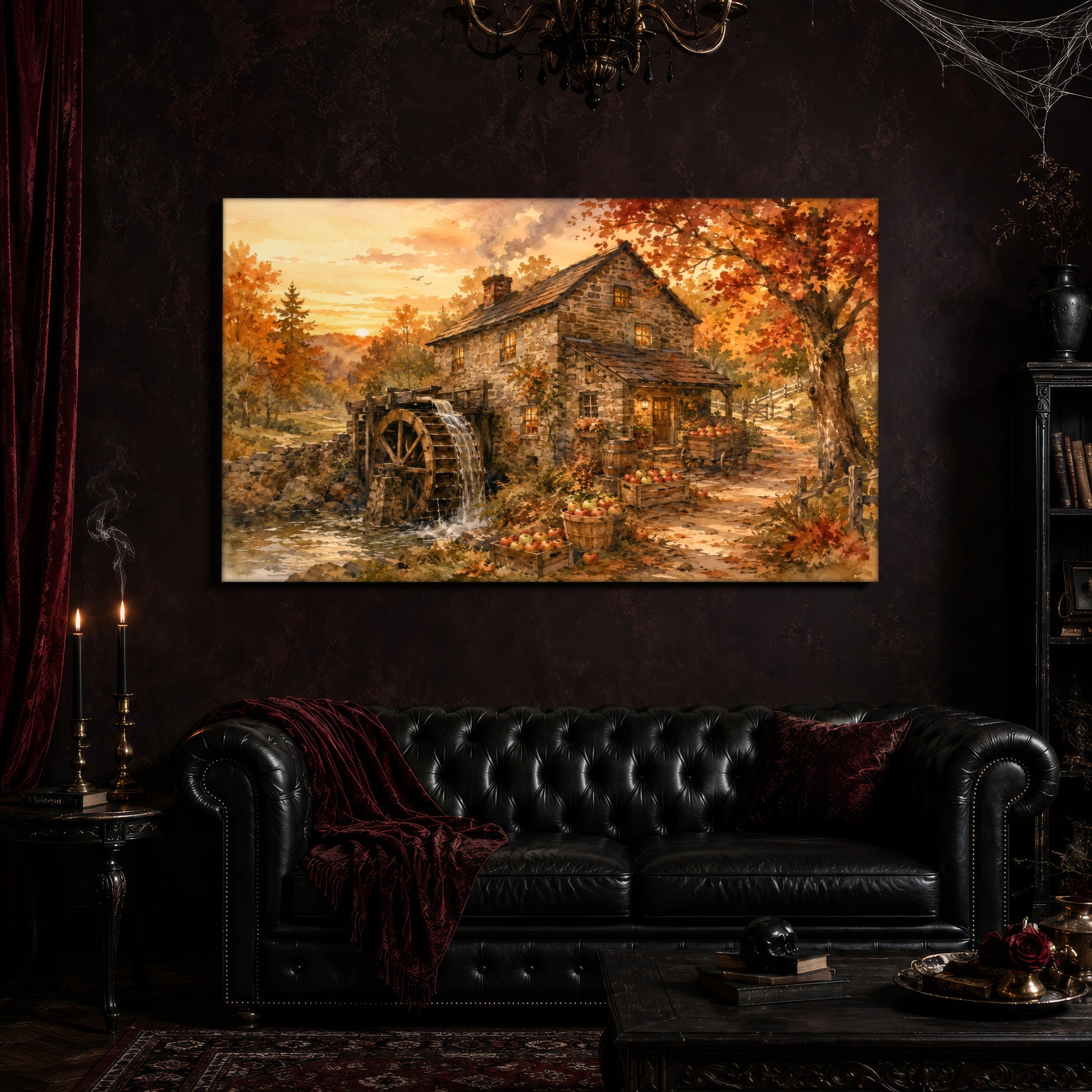 Millpond Gold canvas hanging above a black tufted Chesterfield sofa draped with a red fringed velvet throw, in a cobwebbed oxblood parlour with brass candlesticks, dark cabinets of books and goblets, and a patterned red rug.