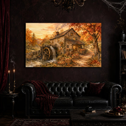 Millpond Gold canvas hanging above a black tufted Chesterfield sofa draped with a red fringed velvet throw, in a cobwebbed oxblood parlour with brass candlesticks, dark cabinets of books and goblets, and a patterned red rug.