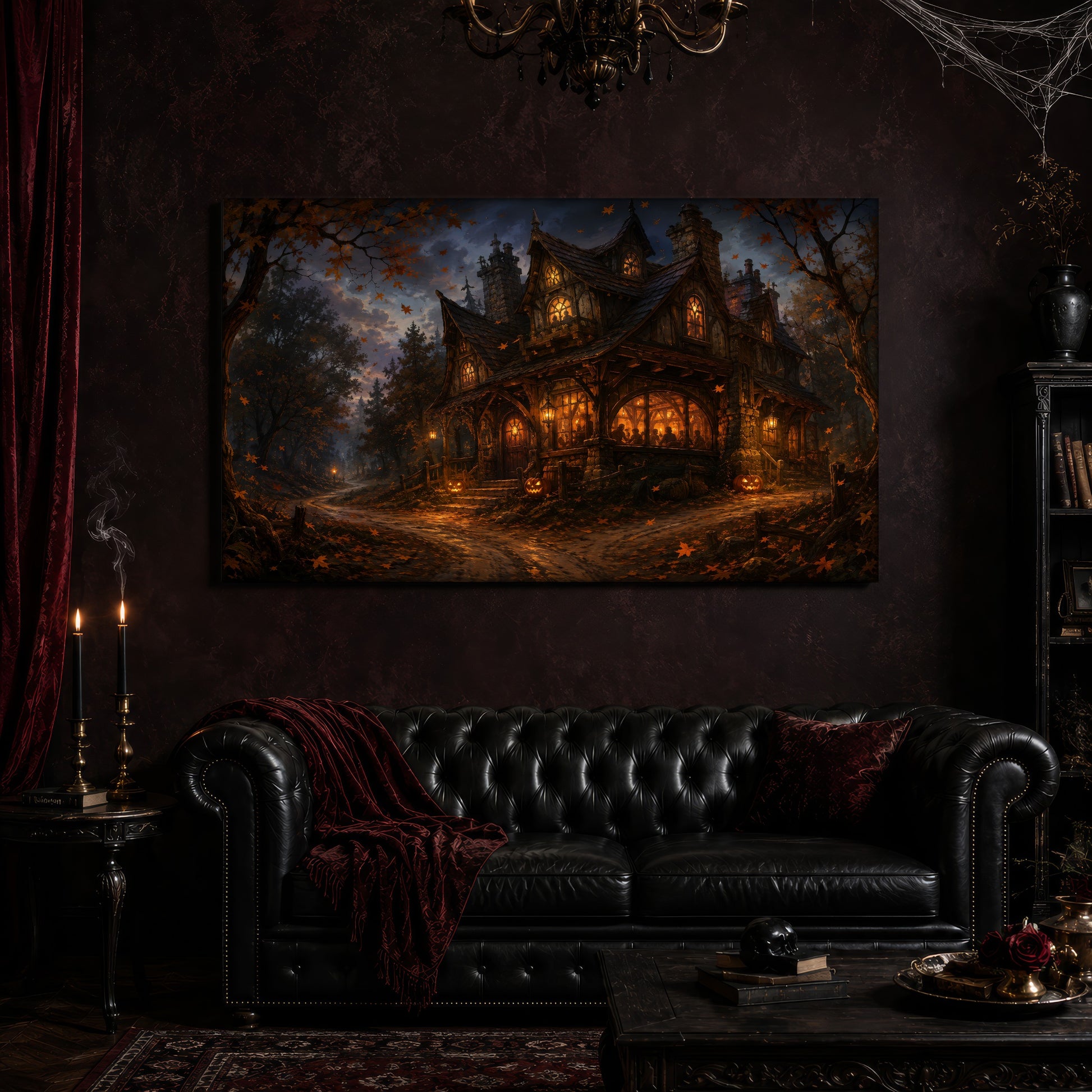 Lantern's End Inn canvas hanging above a black tufted Chesterfield sofa draped with a red fringed velvet throw, in a cobwebbed oxblood parlour with brass candlesticks, dark cabinets of books, and a patterned red rug.