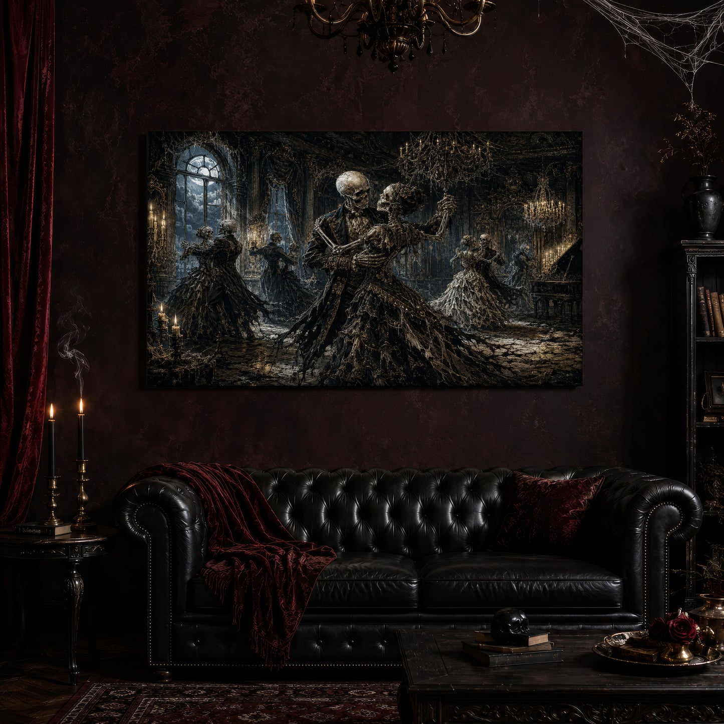 The Last Waltz canvas hanging above a black tufted Chesterfield sofa draped with a red fringed velvet throw, in a cobwebbed oxblood parlour with a brass chandelier, lit black tapers, red velvet curtains and a patterned rug.