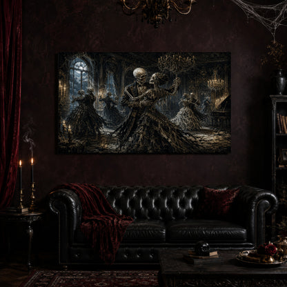 The Last Waltz canvas hanging above a black tufted Chesterfield sofa draped with a red fringed velvet throw, in a cobwebbed oxblood parlour with a brass chandelier, lit black tapers, red velvet curtains and a patterned rug.
