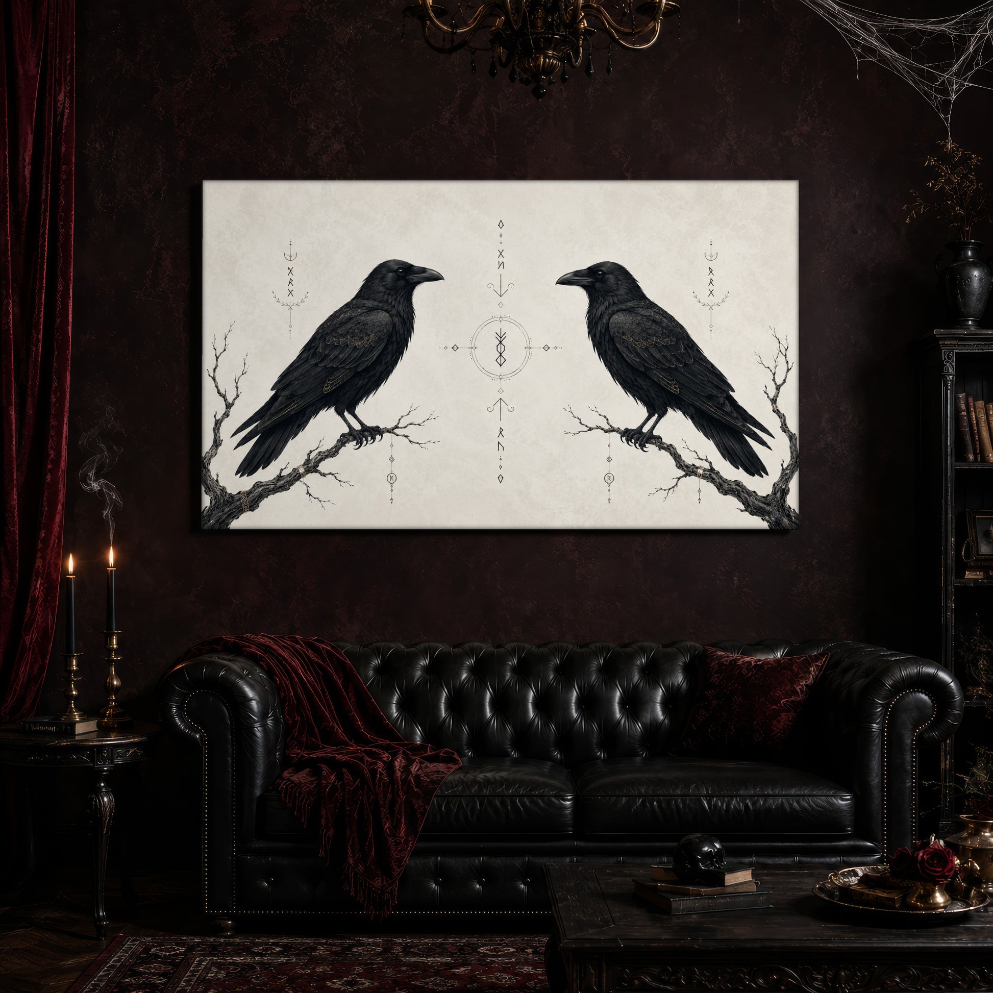 Huginn & Muninn canvas hanging above a black tufted Chesterfield sofa draped with a red fringed velvet throw, in a cobwebbed oxblood parlour with a brass chandelier, lit black tapers, red velvet curtains and a patterned rug.