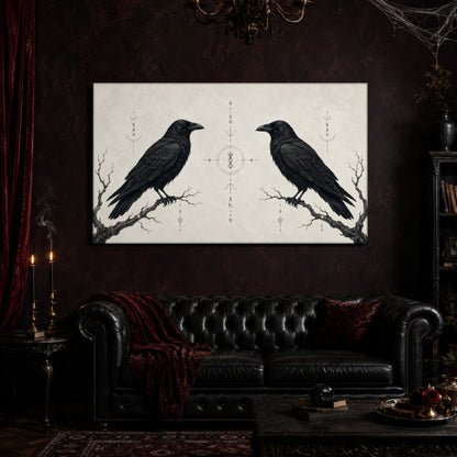 Huginn & Muninn canvas hanging above a black tufted Chesterfield sofa draped with a red fringed velvet throw, in a cobwebbed oxblood parlour with a brass chandelier, lit black tapers, red velvet curtains and a patterned rug.