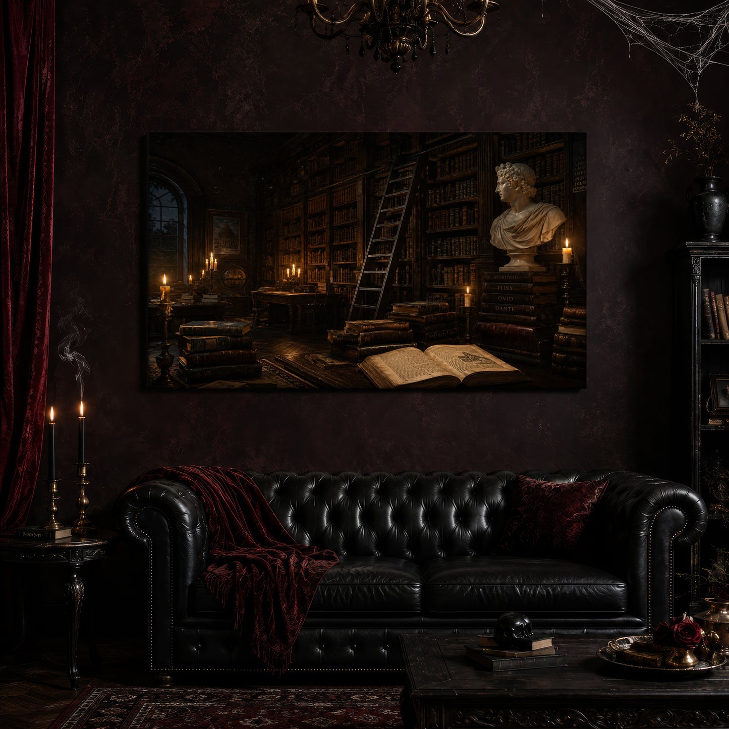 The Small Hours canvas hanging above a black tufted Chesterfield sofa draped with a red fringed velvet throw, in a cobwebbed oxblood parlour with a brass chandelier, lit black tapers, red velvet curtains and a patterned rug.