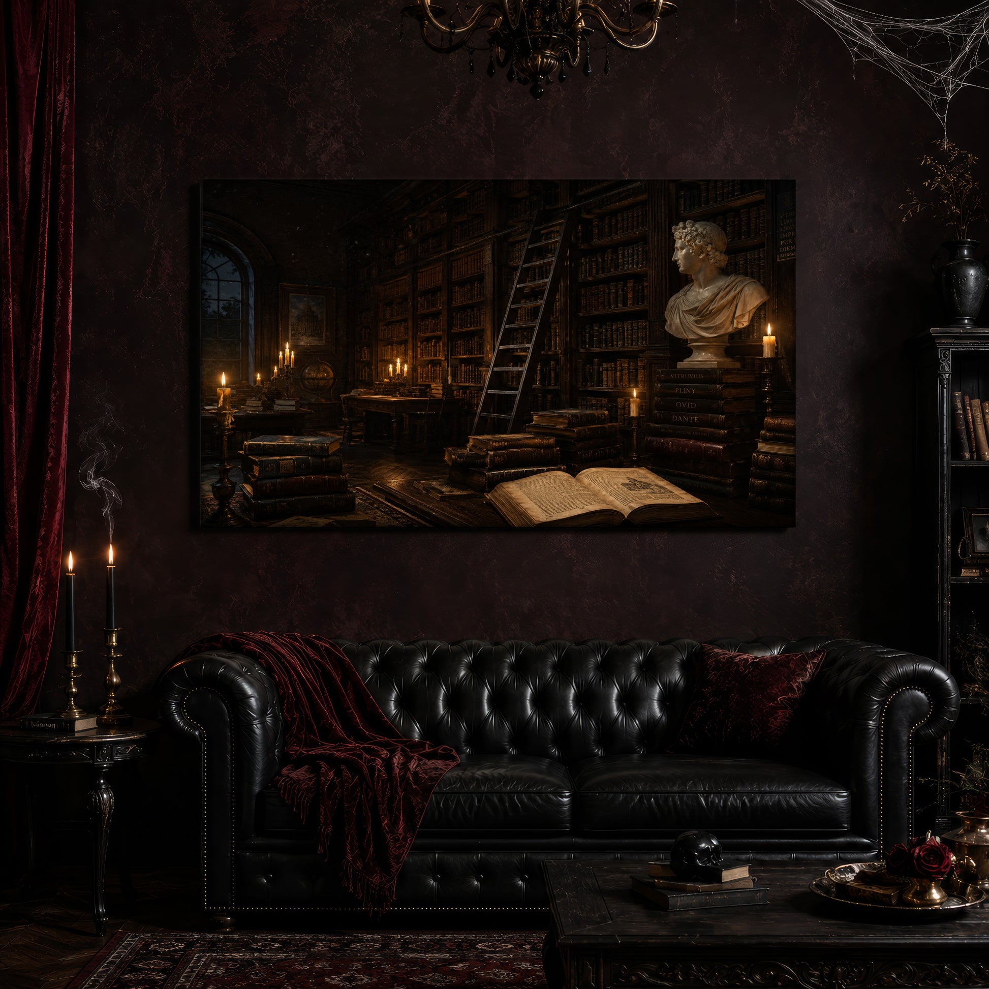 The Small Hours canvas hanging above a black tufted Chesterfield sofa draped with a red fringed velvet throw, in a cobwebbed oxblood parlour with a brass chandelier, lit black tapers, red velvet curtains and a patterned rug.