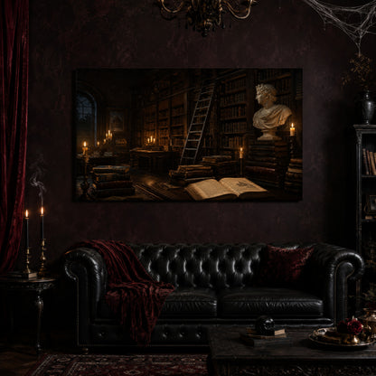 The Small Hours canvas hanging above a black tufted Chesterfield sofa draped with a red fringed velvet throw, in a cobwebbed oxblood parlour with a brass chandelier, lit black tapers, red velvet curtains and a patterned rug.