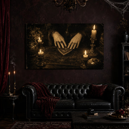 Midnight Communion canvas hanging above a black tufted Chesterfield sofa draped with a red velvet throw and pillow, in a gothic parlor with a crystal chandelier, cobwebs, a red velvet curtain, black taper candles, and a small skull resting on books at the coffee table.