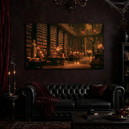 The Long Gallery canvas hanging above a black tufted Chesterfield sofa draped with a red fringed velvet throw, in a cobwebbed oxblood parlour with a brass chandelier, lit black tapers, red velvet curtains and a patterned rug.