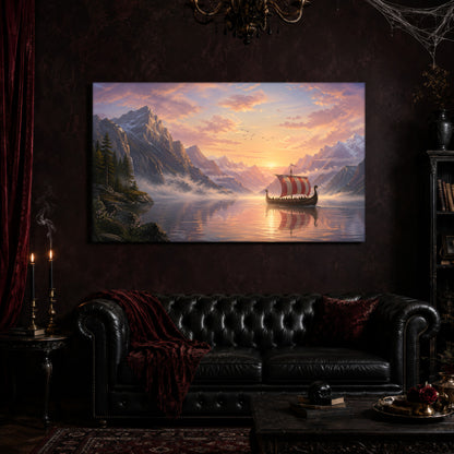 The Longship at Dawn canvas hanging above a black tufted Chesterfield sofa draped with a red fringed velvet throw, in a cobwebbed oxblood parlour with a brass chandelier, lit black tapers, red velvet curtains and a patterned rug.