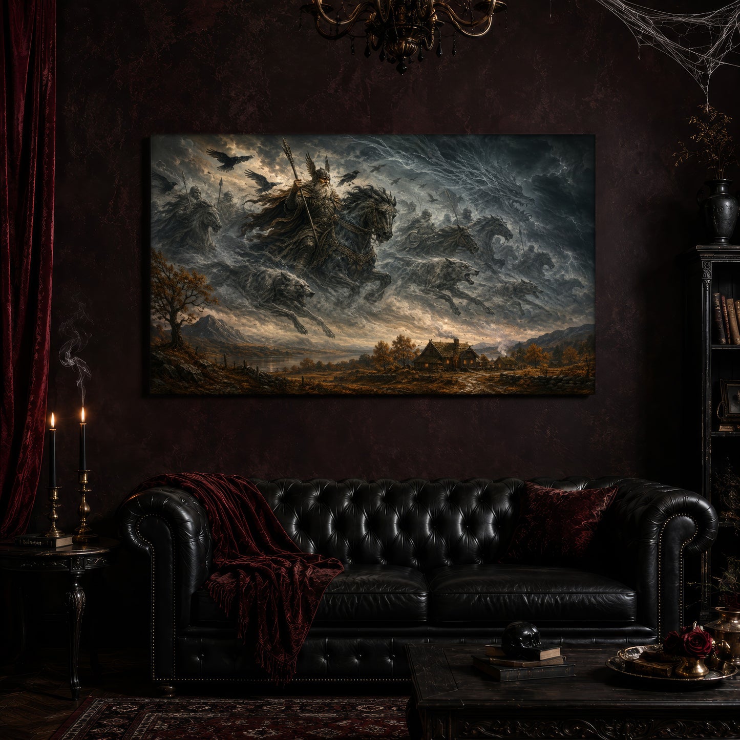 Oskoreia canvas hanging above a black tufted Chesterfield sofa draped with a red fringed velvet throw, in a cobwebbed oxblood parlour with a brass chandelier, lit black tapers, red velvet curtains and a patterned rug.