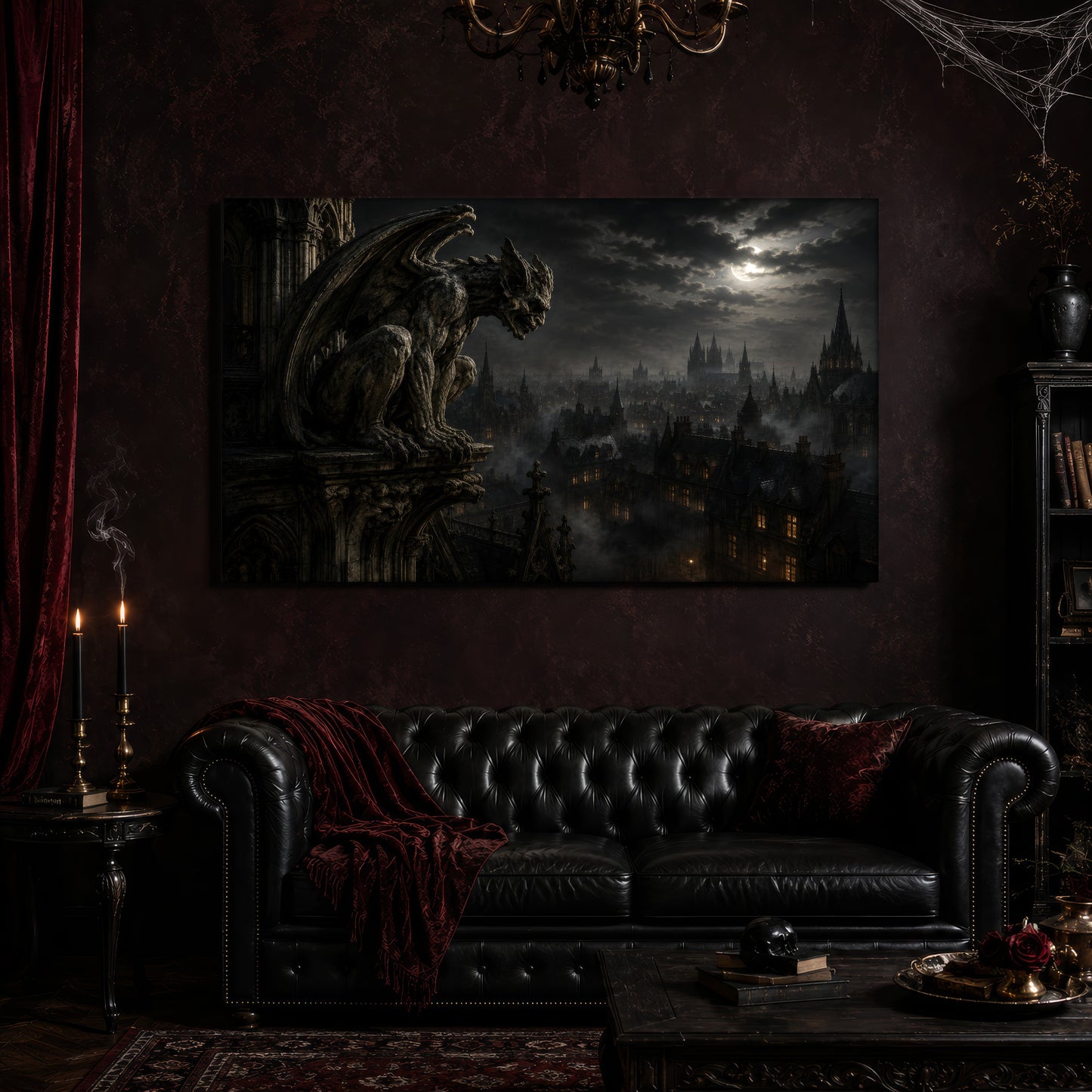 Nightwatch canvas hanging above a black tufted Chesterfield sofa draped with a red fringed velvet throw, in a cobwebbed oxblood parlour with a brass chandelier, lit black tapers, red velvet curtains and a patterned rug.