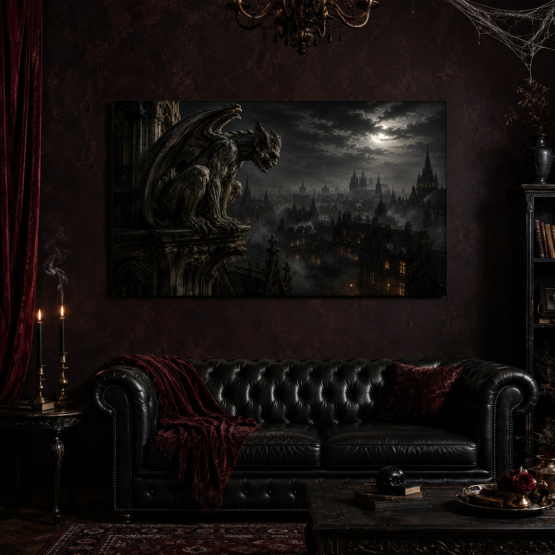 Nightwatch canvas hanging above a black tufted Chesterfield sofa draped with a red fringed velvet throw, in a cobwebbed oxblood parlour with a brass chandelier, lit black tapers, red velvet curtains and a patterned rug.