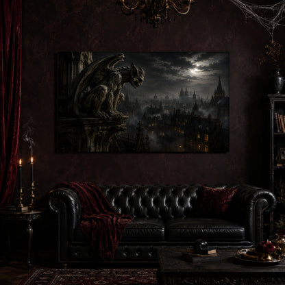 Nightwatch canvas hanging above a black tufted Chesterfield sofa draped with a red fringed velvet throw, in a cobwebbed oxblood parlour with a brass chandelier, lit black tapers, red velvet curtains and a patterned rug.
