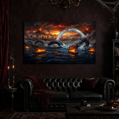 Ragnarök canvas hanging above a black tufted Chesterfield sofa draped with a red fringed velvet throw, in a cobwebbed oxblood parlour with a brass chandelier, lit black tapers, red velvet curtains and a patterned rug.