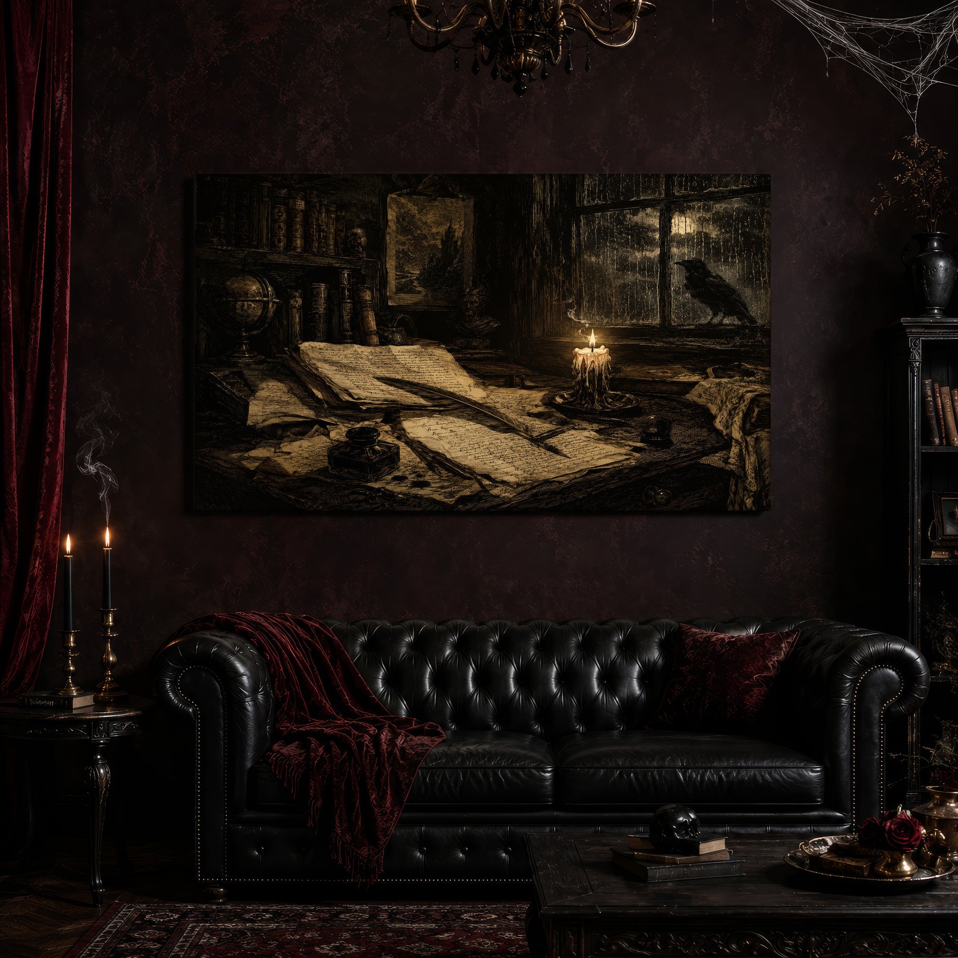 The Unfinished Letter canvas hanging above a black tufted Chesterfield sofa draped with a red fringed velvet throw, in a cobwebbed maroon parlour with candlesticks, a dark bookcase, a skull on the coffee table and a vase of red roses.