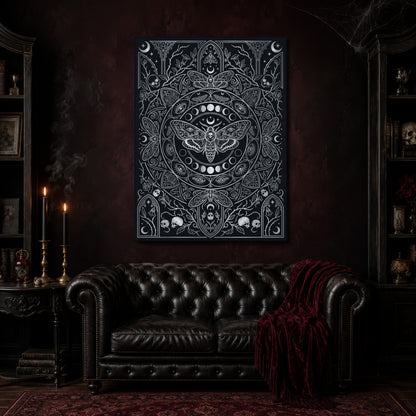 Vanitas memento mori canvas hanging above a black tufted Chesterfield sofa draped with a red fringed velvet throw, in a cobwebbed oxblood parlour with brass candlesticks, dark cabinets of books and goblets, and a patterned red rug.