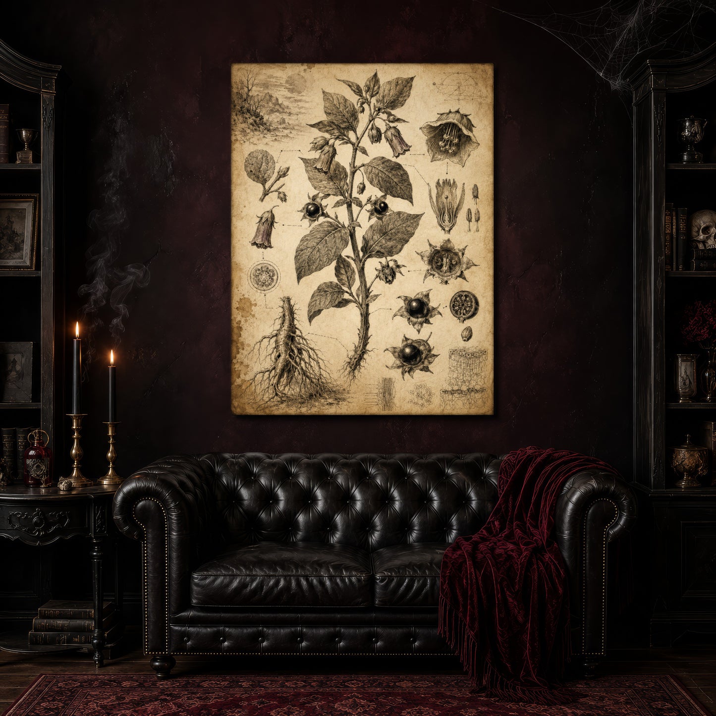 Belladonna nightshade canvas hanging above a black tufted Chesterfield sofa draped with a red fringed velvet throw, in a cobwebbed oxblood parlour with brass candlesticks, dark cabinets of books and goblets, and a patterned red rug.