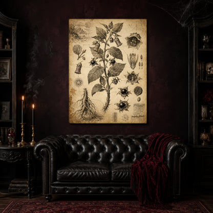 Belladonna nightshade canvas hanging above a black tufted Chesterfield sofa draped with a red fringed velvet throw, in a cobwebbed oxblood parlour with brass candlesticks, dark cabinets of books and goblets, and a patterned red rug.