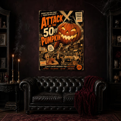 The Pumpkin That Ate Main Street canvas hanging above a black tufted Chesterfield sofa draped with a red fringed velvet throw, in a cobwebbed oxblood parlour with brass candlesticks, dark cabinets of books and goblets, and a patterned red rug.