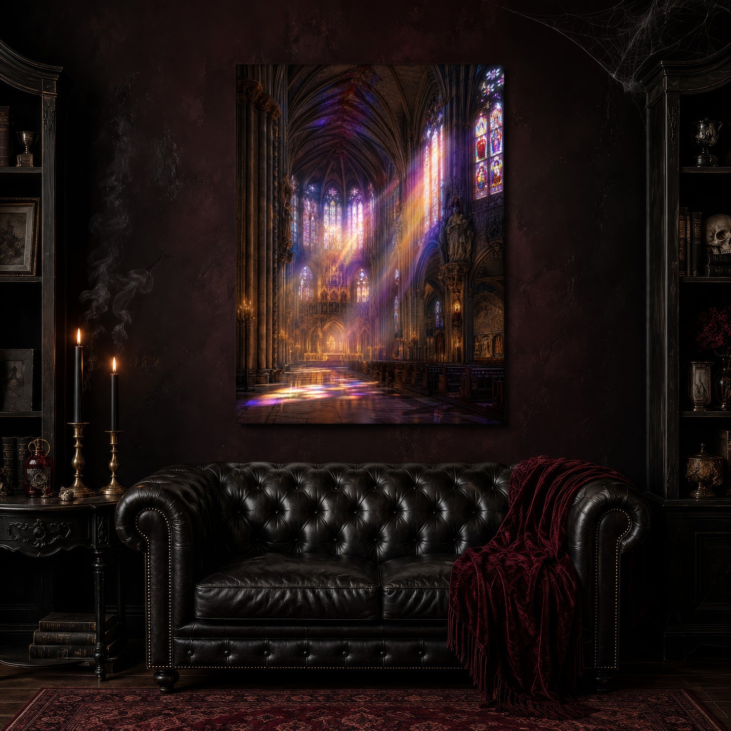 Gloria canvas hanging above a black tufted Chesterfield sofa draped with a red fringed velvet throw, in a cobwebbed oxblood parlour with brass candlesticks, dark cabinets of books and goblets, and a patterned red rug.