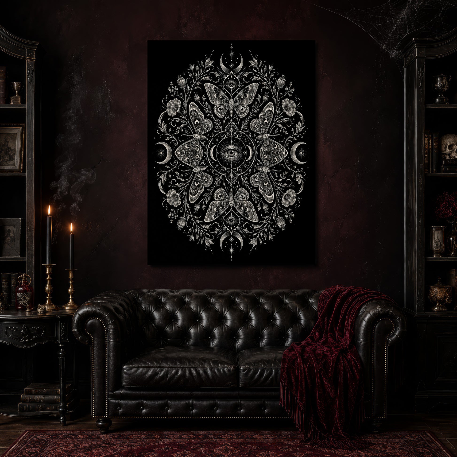 Argus moth mandala canvas hanging above a black tufted Chesterfield sofa draped with a red fringed velvet throw, in a cobwebbed oxblood parlour with brass candlesticks, dark cabinets of books and goblets, and a patterned red rug.