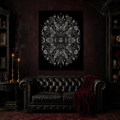 Argus moth mandala canvas hanging above a black tufted Chesterfield sofa draped with a red fringed velvet throw, in a cobwebbed oxblood parlour with brass candlesticks, dark cabinets of books and goblets, and a patterned red rug.