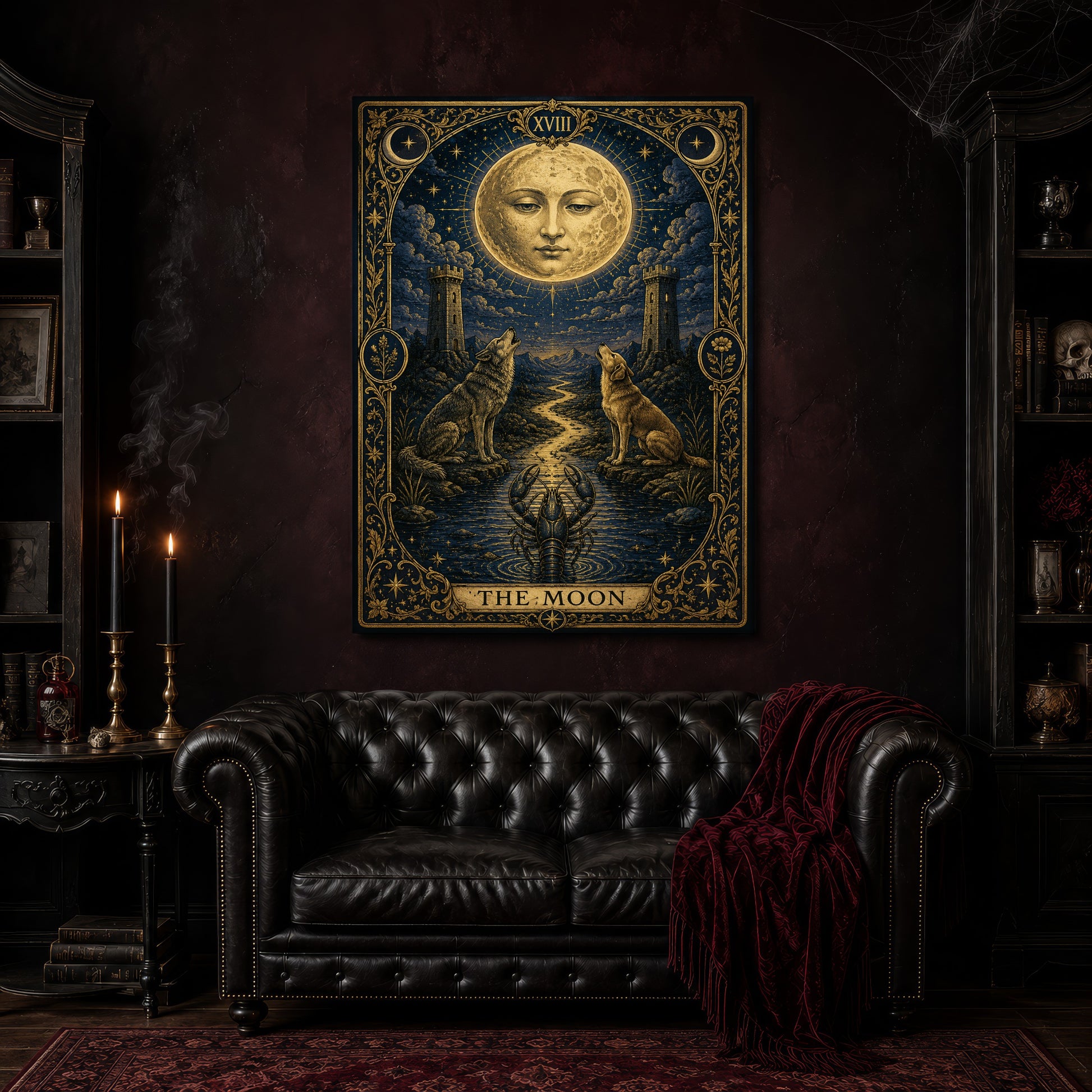 La Lune moon tarot canvas hanging above a black tufted Chesterfield sofa draped with a red fringed velvet throw, in a cobwebbed oxblood parlour with brass candlesticks, dark cabinets of books and goblets, and a patterned red rug.