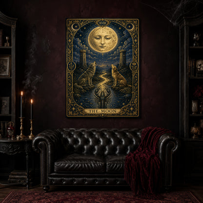 La Lune moon tarot canvas hanging above a black tufted Chesterfield sofa draped with a red fringed velvet throw, in a cobwebbed oxblood parlour with brass candlesticks, dark cabinets of books and goblets, and a patterned red rug.