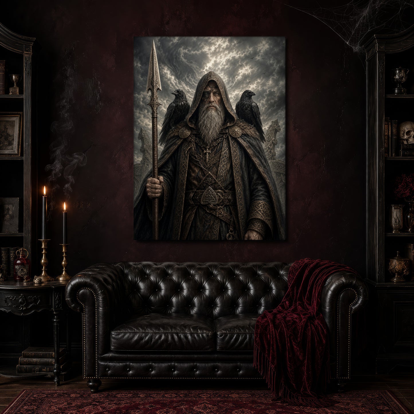 Gungnir canvas hanging above a black tufted Chesterfield sofa draped with a red fringed velvet throw, in a cobwebbed oxblood parlour with brass candlesticks, dark cabinets of books and goblets, and a patterned red rug.