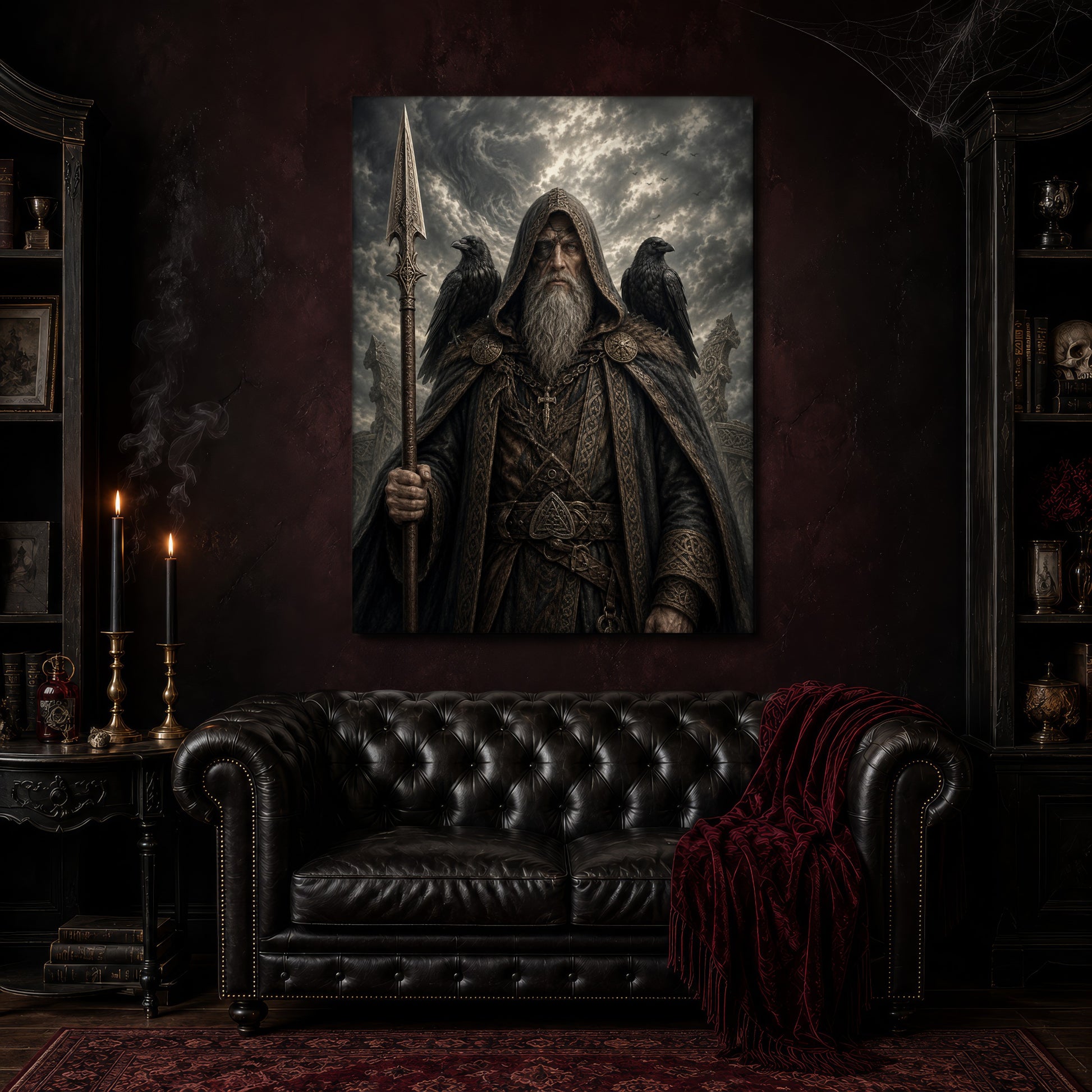 Gungnir canvas hanging above a black tufted Chesterfield sofa draped with a red fringed velvet throw, in a cobwebbed oxblood parlour with brass candlesticks, dark cabinets of books and goblets, and a patterned red rug.