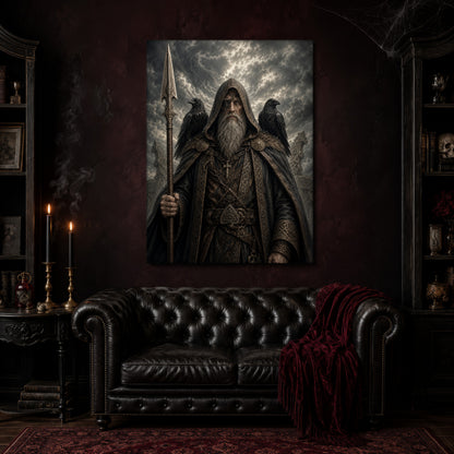 Gungnir canvas hanging above a black tufted Chesterfield sofa draped with a red fringed velvet throw, in a cobwebbed oxblood parlour with brass candlesticks, dark cabinets of books and goblets, and a patterned red rug.