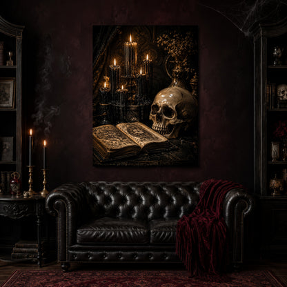 The Black Hours canvas hanging above a black tufted Chesterfield sofa draped with a red fringed velvet throw, in a cobwebbed oxblood parlour with brass candlesticks, dark cabinets of books and goblets, and a patterned red rug.