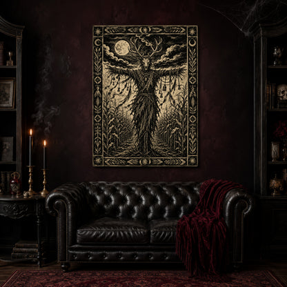 The Corn Sentinel canvas hanging above a black tufted Chesterfield loveseat draped with a red fringed velvet throw, in a cobwebbed oxblood parlour with brass candlesticks, dark bookshelves and a patterned red rug.