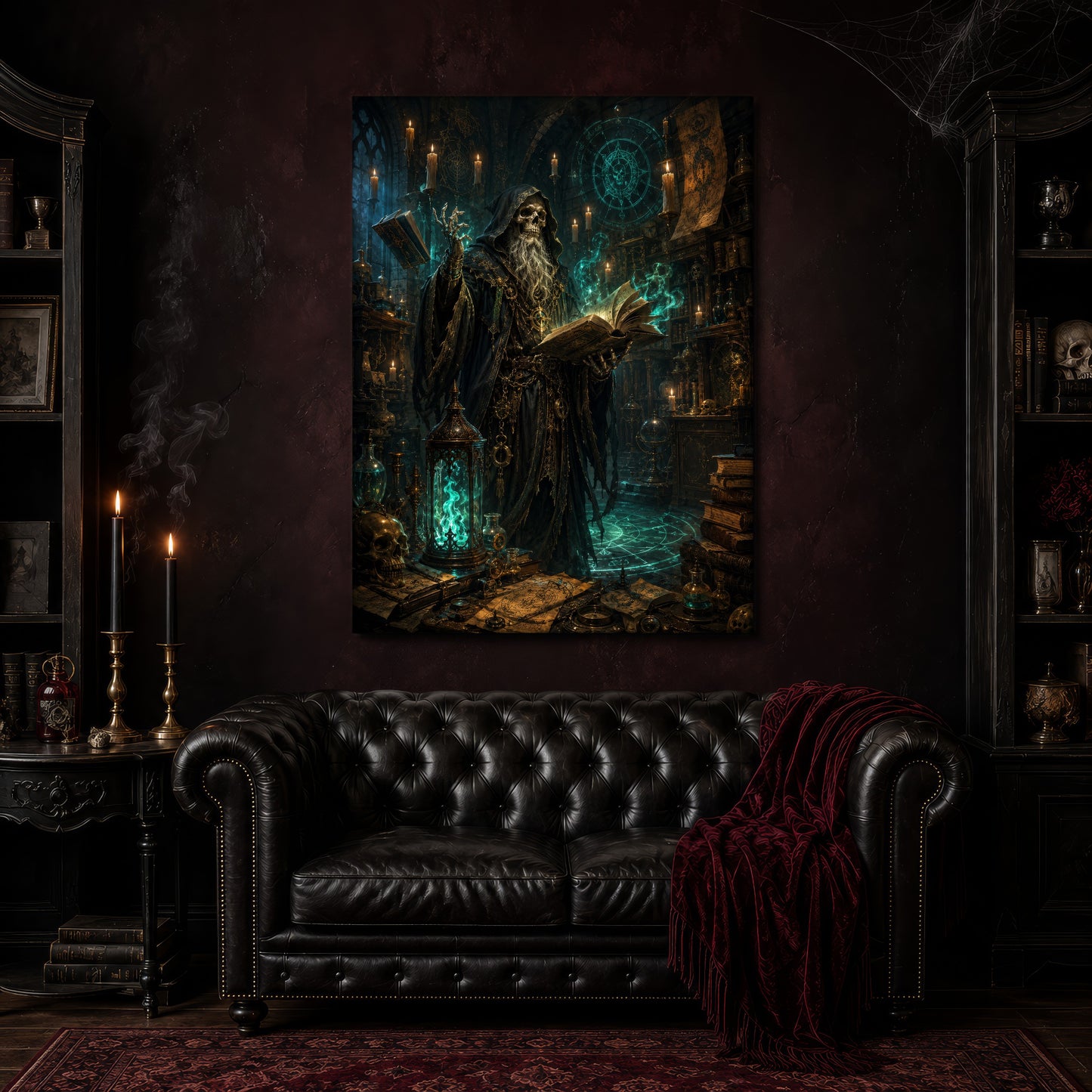 The Hollow Archivist canvas hanging above a black tufted Chesterfield sofa draped with a red fringed velvet throw, in a cobwebbed oxblood parlour with brass candlesticks, a dark cabinet of curiosities, and a patterned red rug.