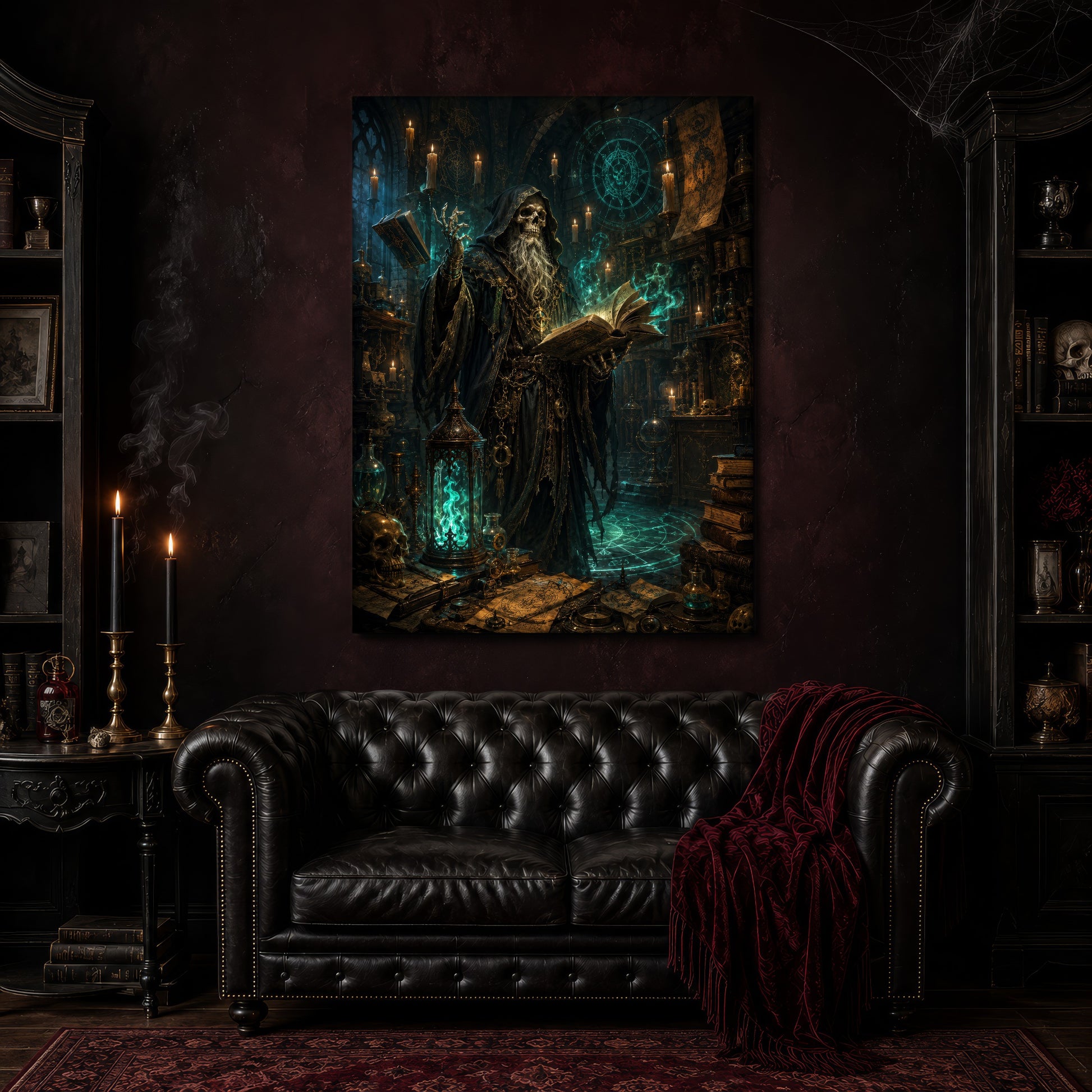 The Hollow Archivist canvas hanging above a black tufted Chesterfield sofa draped with a red fringed velvet throw, in a cobwebbed oxblood parlour with brass candlesticks, a dark cabinet of curiosities, and a patterned red rug.