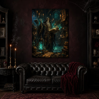 The Hollow Archivist canvas hanging above a black tufted Chesterfield sofa draped with a red fringed velvet throw, in a cobwebbed oxblood parlour with brass candlesticks, a dark cabinet of curiosities, and a patterned red rug.