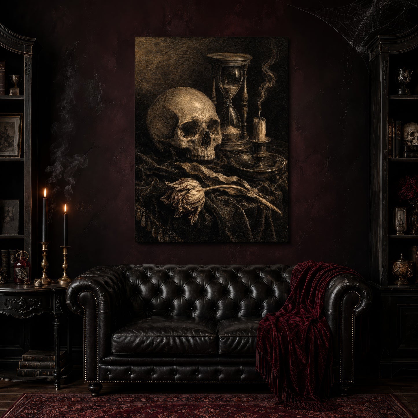 Compline canvas hanging above a black tufted Chesterfield sofa draped with a red fringed velvet throw, in a cobwebbed oxblood parlour with brass candlesticks, dark cabinets of books and goblets, and a patterned red rug.