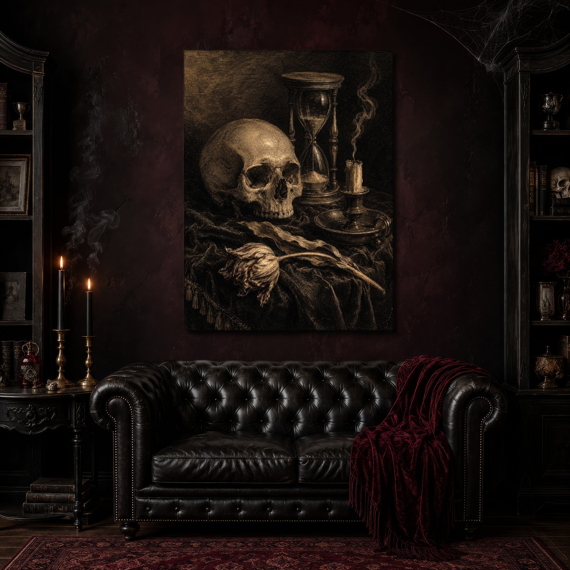 Compline canvas hanging above a black tufted Chesterfield sofa draped with a red fringed velvet throw, in a cobwebbed oxblood parlour with brass candlesticks, dark cabinets of books and goblets, and a patterned red rug.
