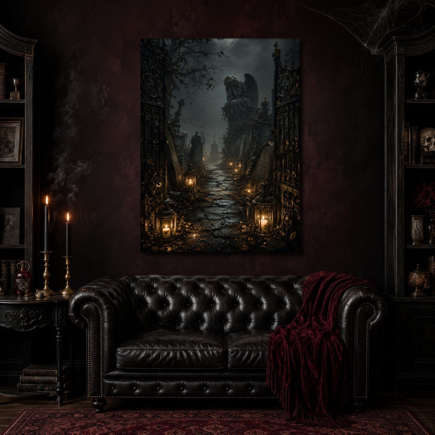 The Lychgate canvas hanging above a black tufted Chesterfield sofa draped with a red fringed velvet throw, in a cobwebbed oxblood parlour with brass candlesticks, dark cabinets of books and goblets, and a patterned red rug.