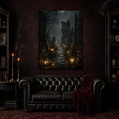 The Lychgate canvas hanging above a black tufted Chesterfield sofa draped with a red fringed velvet throw, in a cobwebbed oxblood parlour with brass candlesticks, dark cabinets of books and goblets, and a patterned red rug.