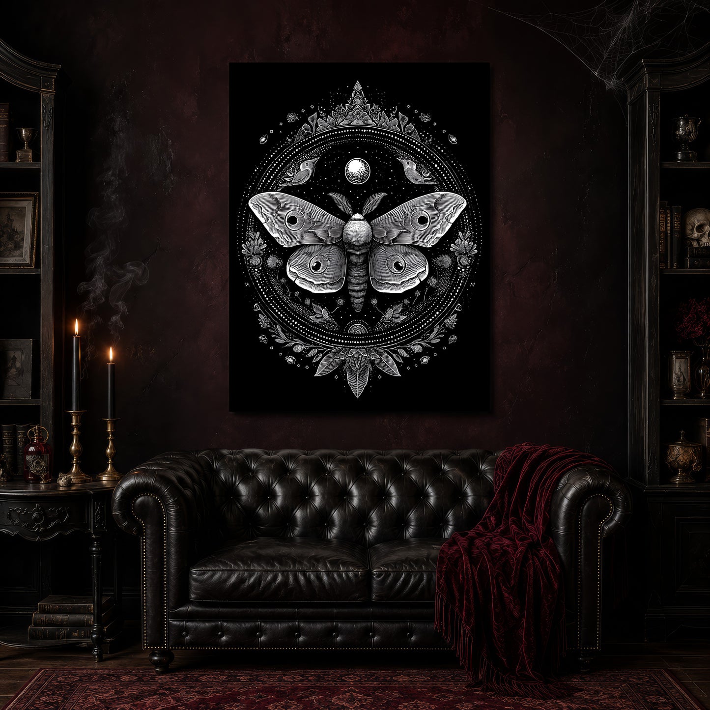 Vespers moth mandala canvas hanging above a black tufted Chesterfield sofa draped with a red fringed velvet throw, in a cobwebbed oxblood parlour with brass candlesticks, dark cabinets of books and goblets, and a patterned red rug.