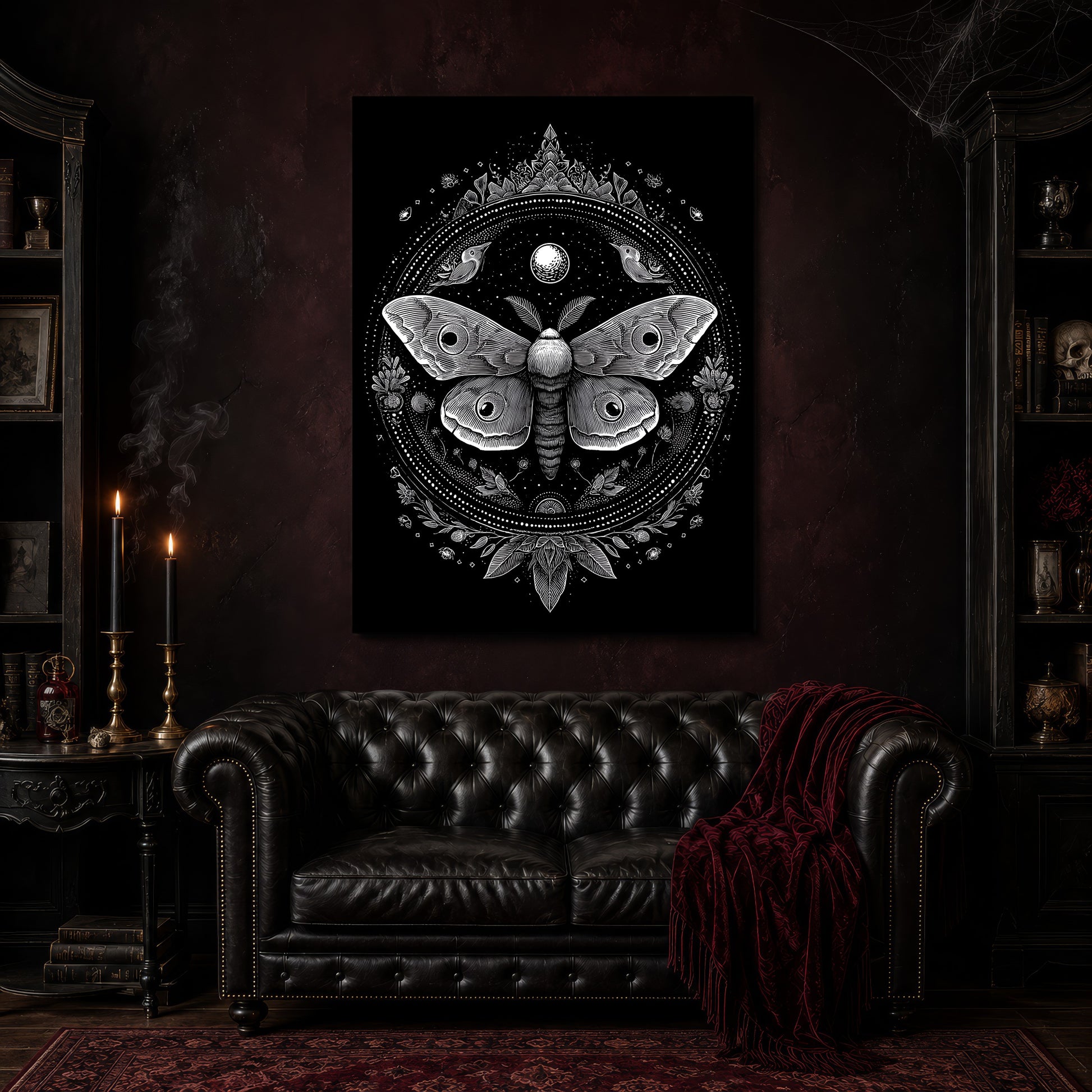 Vespers moth mandala canvas hanging above a black tufted Chesterfield sofa draped with a red fringed velvet throw, in a cobwebbed oxblood parlour with brass candlesticks, dark cabinets of books and goblets, and a patterned red rug.
