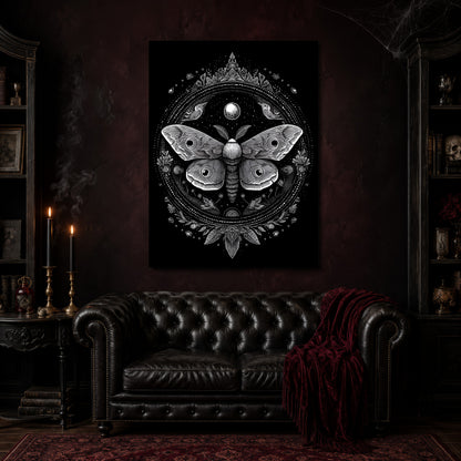 Vespers moth mandala canvas hanging above a black tufted Chesterfield sofa draped with a red fringed velvet throw, in a cobwebbed oxblood parlour with brass candlesticks, dark cabinets of books and goblets, and a patterned red rug.