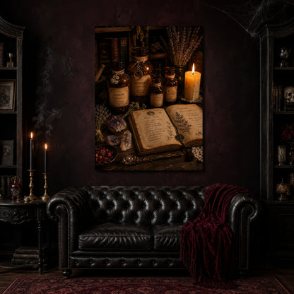 The Still Room herbal canvas hanging above a black tufted Chesterfield sofa draped with a red fringed velvet throw, in a cobwebbed oxblood parlour with brass candlesticks, dark cabinets of books and goblets, and a patterned red rug.