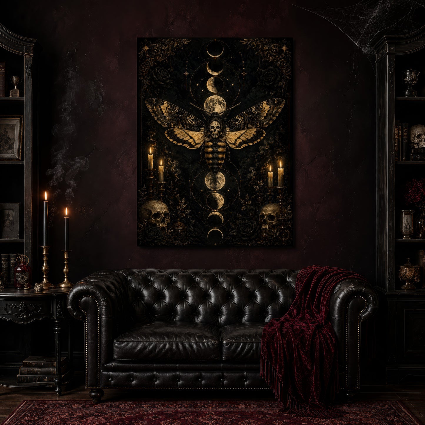 Acherontia canvas hanging above a black tufted Chesterfield sofa draped with a red fringed velvet throw, in a cobwebbed oxblood parlour with brass candlesticks, dark cabinets of books and goblets, and a patterned red rug.
