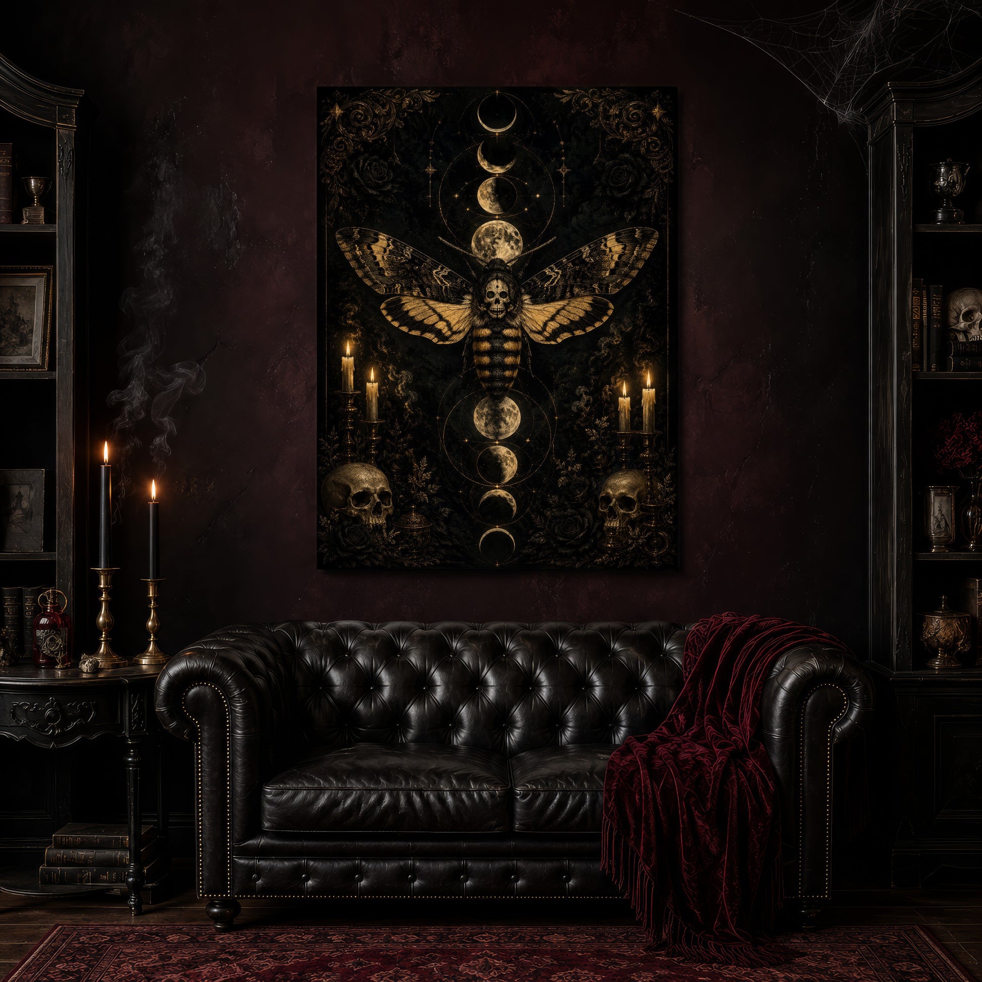 Acherontia canvas hanging above a black tufted Chesterfield sofa draped with a red fringed velvet throw, in a cobwebbed oxblood parlour with brass candlesticks, dark cabinets of books and goblets, and a patterned red rug.