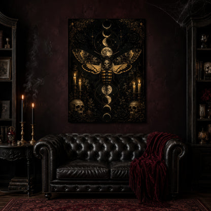 Acherontia canvas hanging above a black tufted Chesterfield sofa draped with a red fringed velvet throw, in a cobwebbed oxblood parlour with brass candlesticks, dark cabinets of books and goblets, and a patterned red rug.