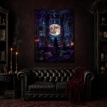 Witch's Window canvas hanging above a black tufted Chesterfield sofa draped with a red fringed velvet throw, in a cobwebbed oxblood parlour with brass candlesticks, dark cabinets of books and goblets, and a patterned red rug.