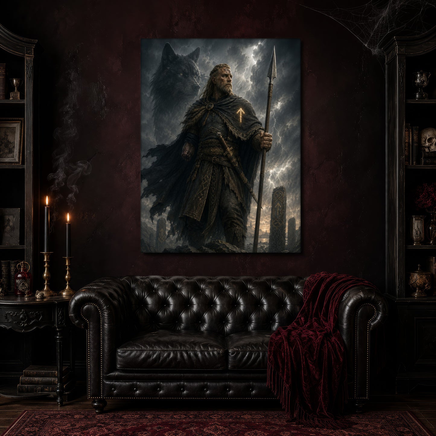 Tyr canvas hanging above a black tufted Chesterfield sofa draped with a red fringed velvet throw, in a cobwebbed oxblood parlour with brass candlesticks, dark cabinets of books and goblets, and a patterned red rug.