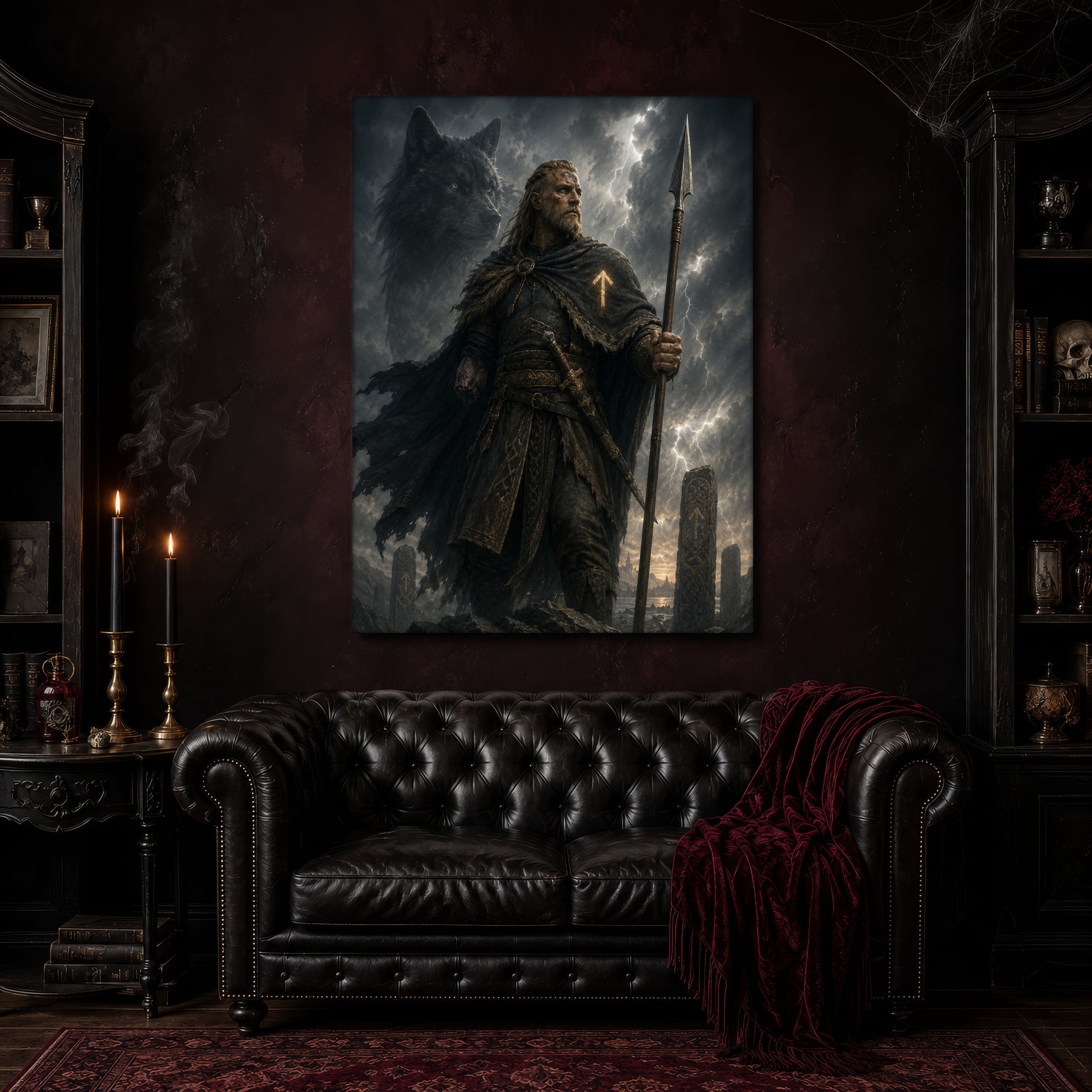 Tyr canvas hanging above a black tufted Chesterfield sofa draped with a red fringed velvet throw, in a cobwebbed oxblood parlour with brass candlesticks, dark cabinets of books and goblets, and a patterned red rug.